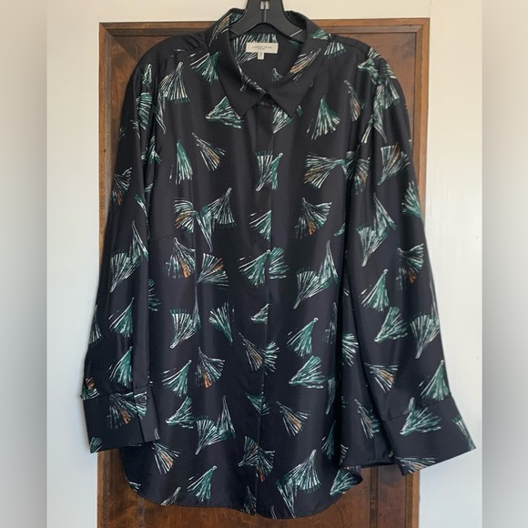 Lafayette 148 New York Silk Scottie Blouse 2X Palm Print on Navy Excellent - Picture 3 of 6